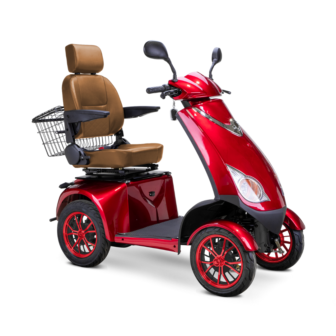 The Bespoke Platinum Recreational 4-Wheel Scooter with Electric Brake Assist features a shiny red finish, padded brown seat with armrests and headrest, side mirrors, rear metal basket, and smart technology for enhanced convenience.
